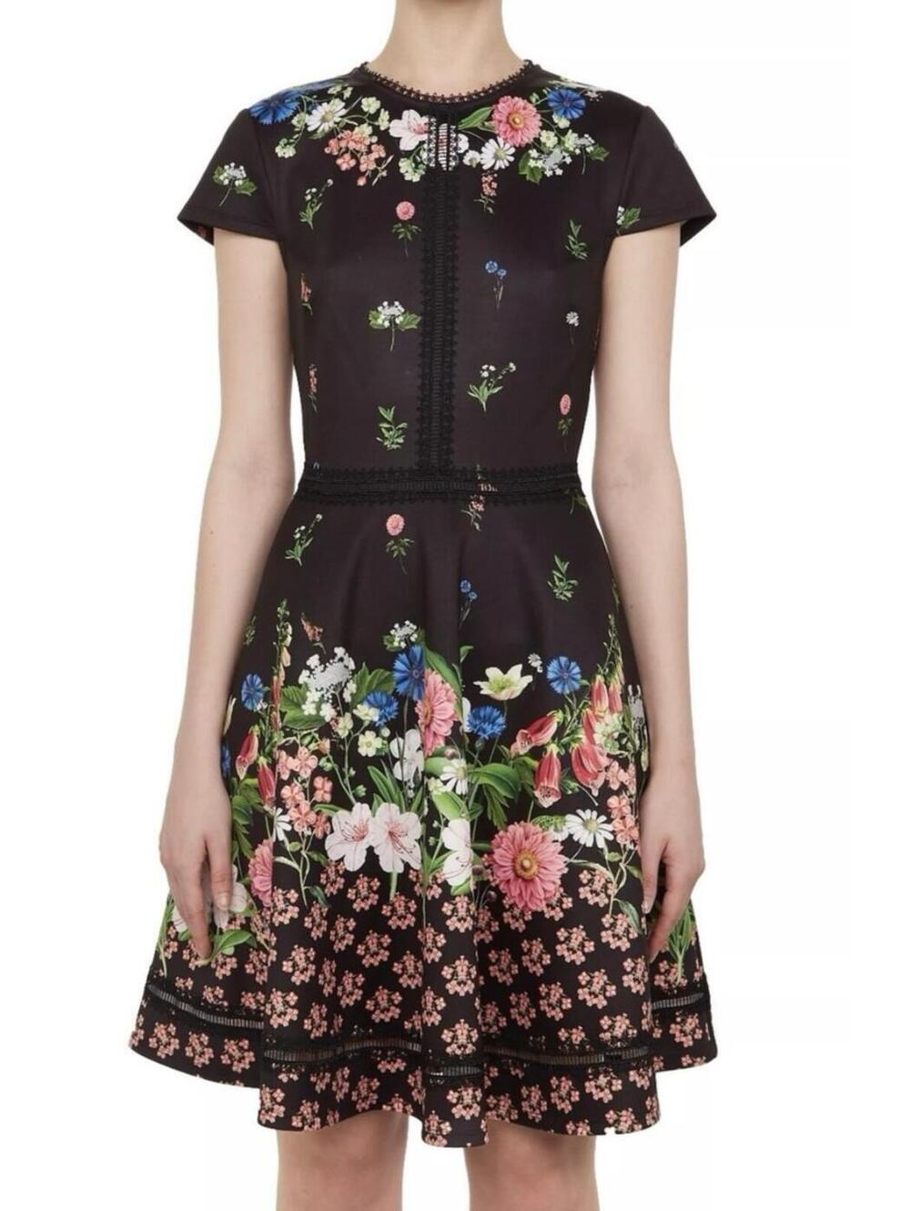TED BAKER Dassie black floral cap sleeve mini dress sz 6